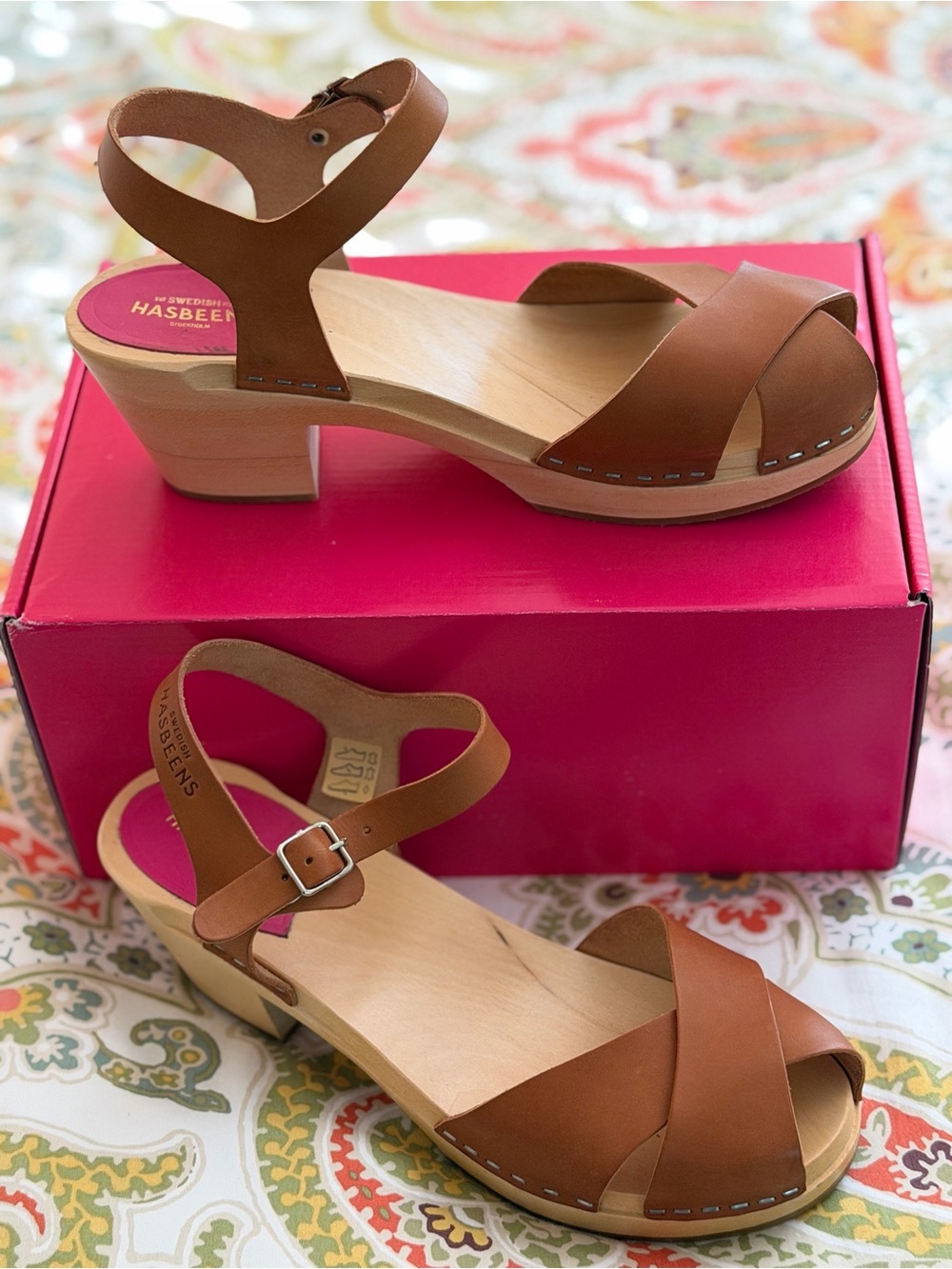 Swedish Hasbeens Brown Leather Cross-Strap Clog Sandals